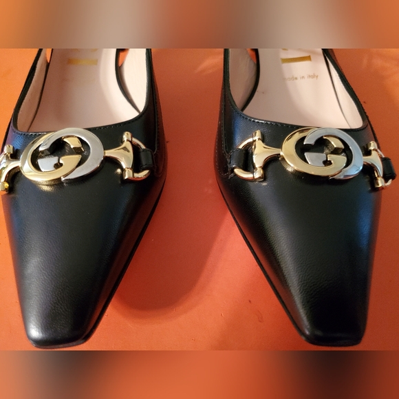 Gucci Zumi Black Leather Horsebit GG Pointed Toe Slingback Kitten heels - Picture 2 of 11